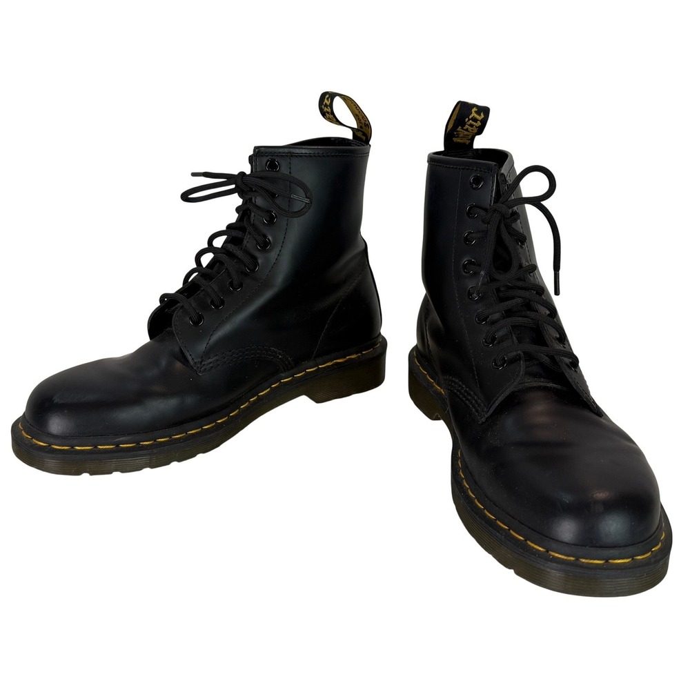 Dr. Martens 1460 Smooth Black Leather Combat Boots Womens US 9 Yellow Stitching